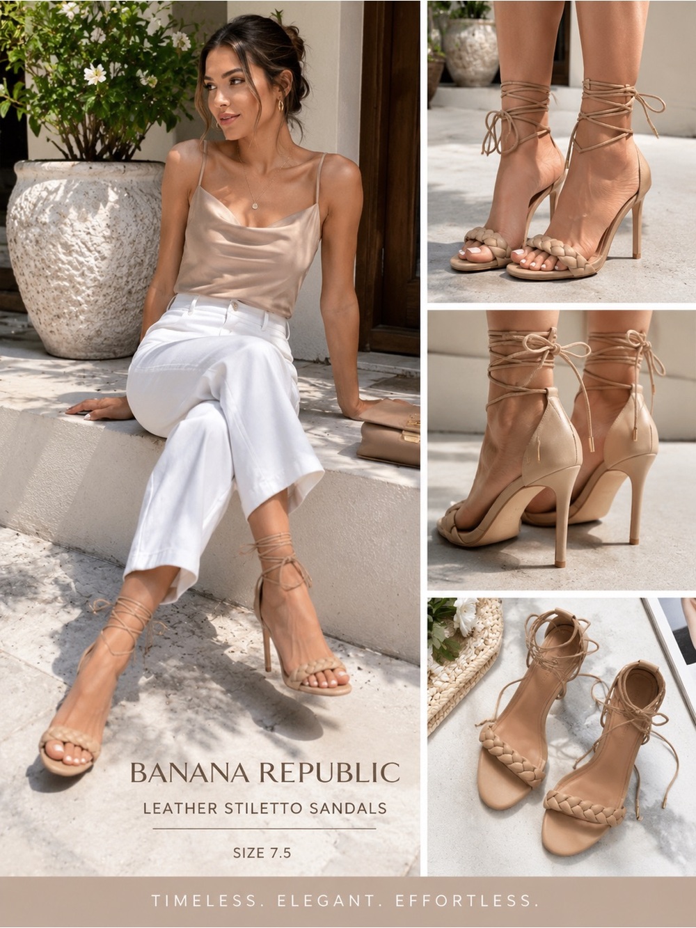 Banana Republic Beige Lace-Up Leather Stiletto Sandals 7.5 M